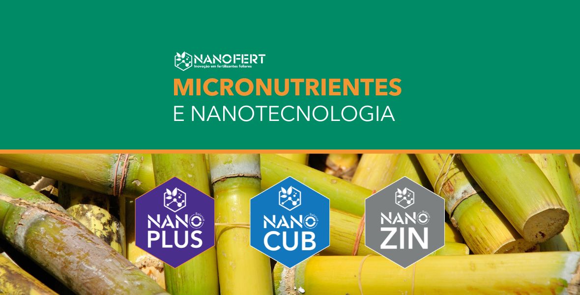 Micronutrientes e Nanotecnologia: Imagem com 3 logotipos de produto Nanofert com fundo de cana de açucar